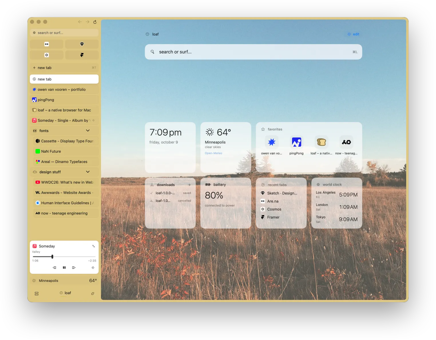 loaf Studio’s start page with Minneapolis weather, custom widgets, designer tabs, and the wonderbar.
