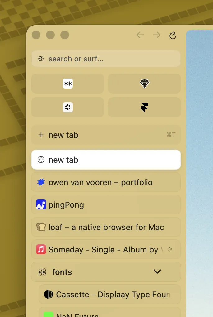 all eleven designer tabs, expanded fonts and inspiration groups, pinned sites, and the expanded miniplayer.