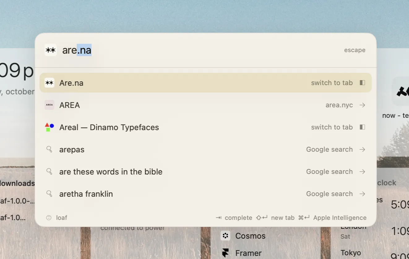 the wonderbar offers shortcuts to Typewolf, Framer, Apple Music, teenage engineering, Awwwards, and fern.